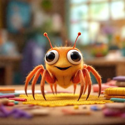 The primary subject of the image is a cartoon-like spider with big eyes, sitting on a table. The setting is a room with a table and a chair. The visual style is a combination of photo and digital art, creating a whimsical and playful atmosphere. The colors are predominantly yellow and orange, with the spider being yellow and the table being orange.